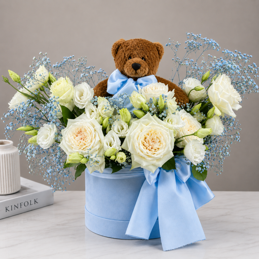 Sweet Baby Boy Arrangement with Teddy Bear